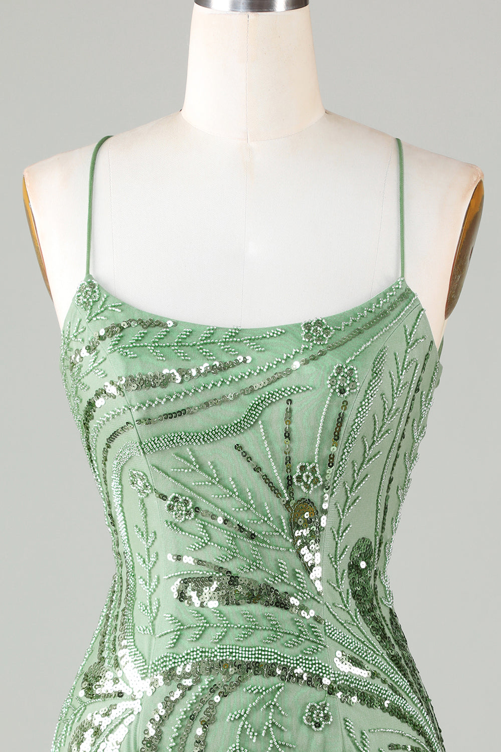 Sparkly Sheath Spaghetti Straps Green Mini Dress with Criss Cross Back - Image 4