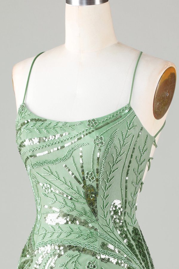 Sparkly Sheath Spaghetti Straps Green Mini Dress with Criss Cross Back - Image 6