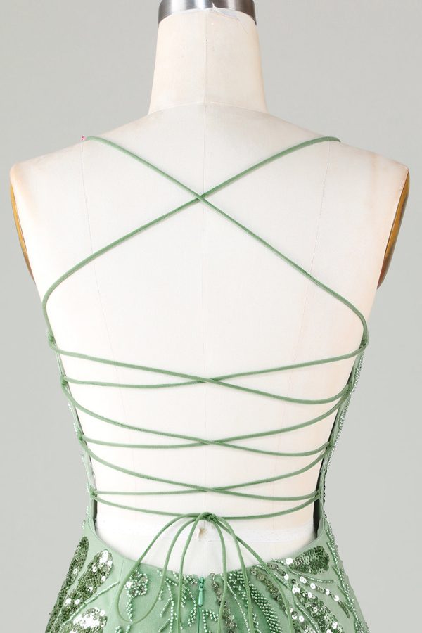 Sparkly Sheath Spaghetti Straps Green Mini Dress with Criss Cross Back - Image 5